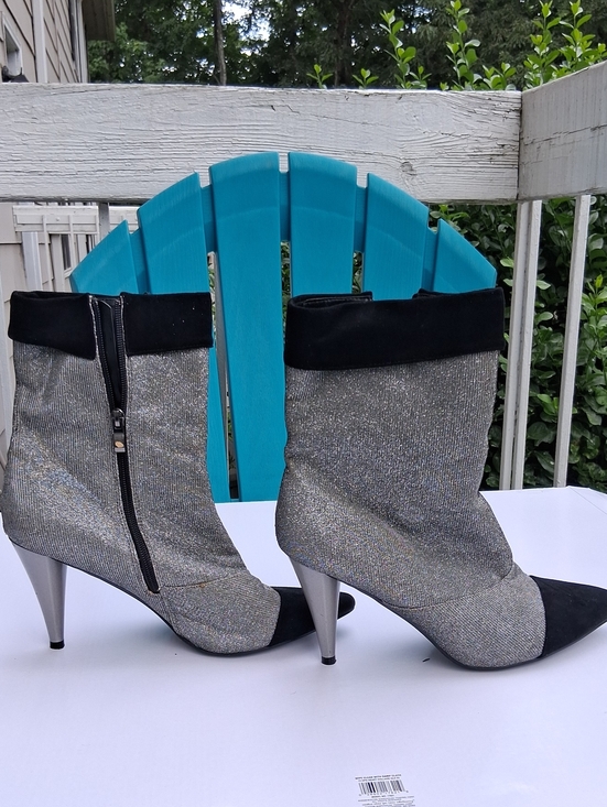 Shoes - Women's Metallic Silver Glitter Ankle Boots with Black Toe and Cuff